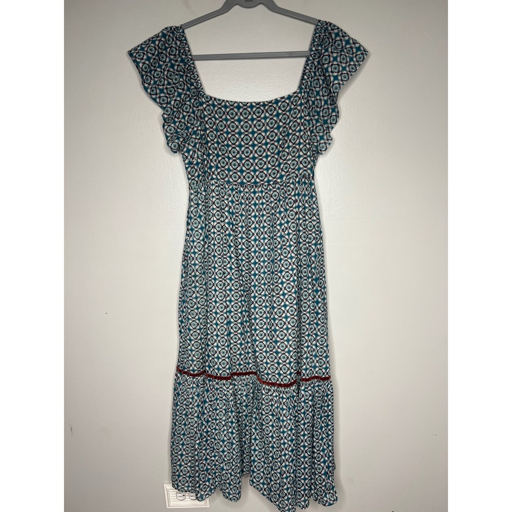 Olivia James The Label Teal Floral Smocked Midi Dress Flutter Sleeve Pockets M